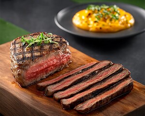 Sliced Steak for Gourmet Dinner, Wood Board.