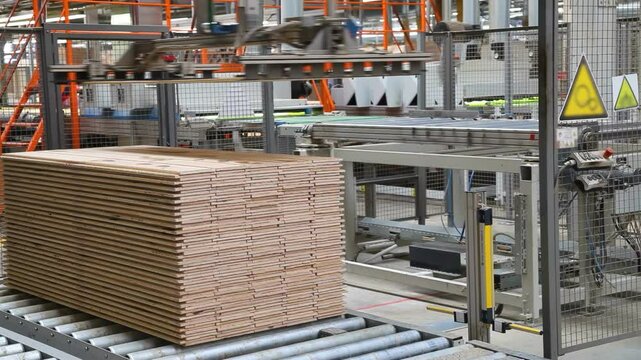 Industrial equipment for laminate production. Parquet board and laminate production line. Laminate floors. Laminate production plant.