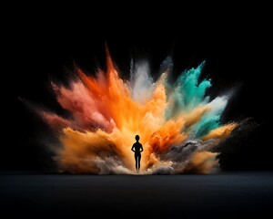Silhouette Emerging from Colorful Explosion.