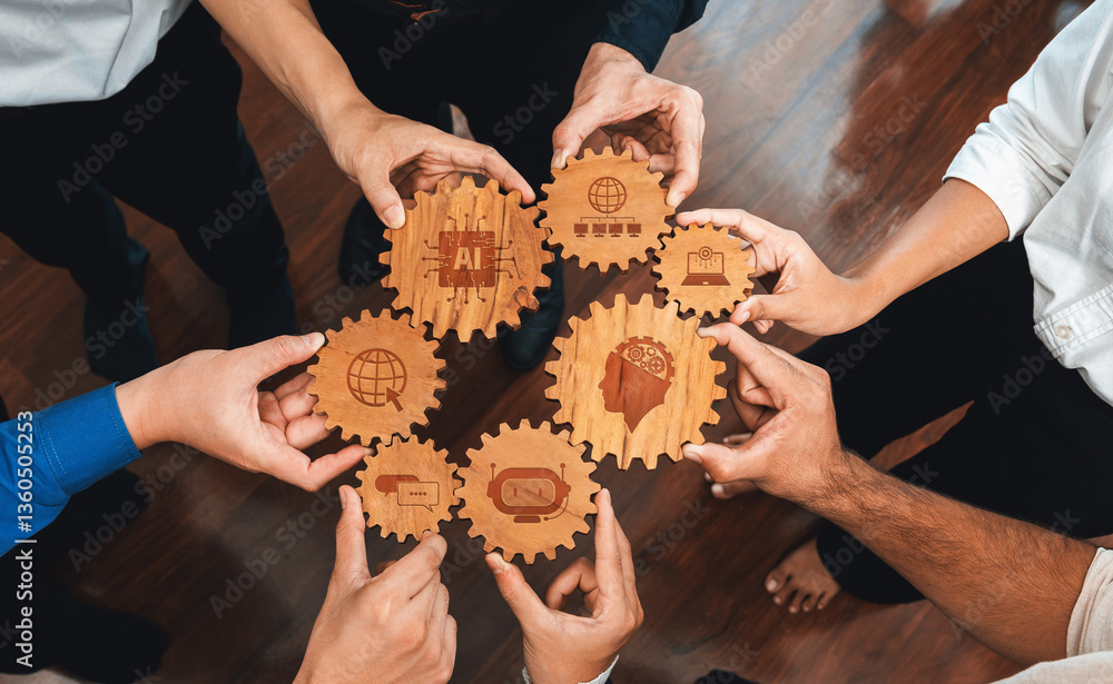 Aufkleber a collective effort is displayed as diverse hands hold gears that represent technology and innovatio