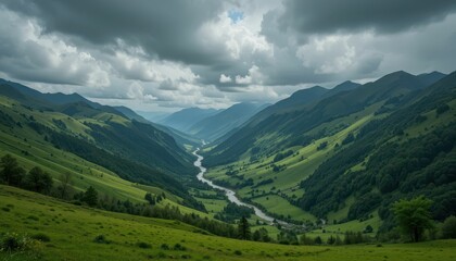 Lush Green Valley with River Under Dramatic Stormy Sky View