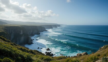 Obraz premium Serene Coastal Landscape with Waves and Cliffs During Sunset