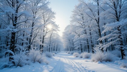 Obraz premium Serene Winter Landscape with Snow-Covered Trees and Frosted Pathway
