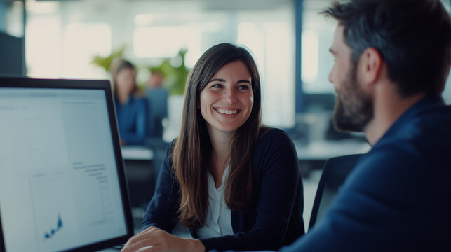 Young businesswoman and businessman collaborating at a computer in a modern open-plan office, smiling and discussing a digital project team collaboration, business partners, workin - Powered by Adobe