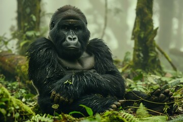 Naklejka premium Powerful Gorilla beringei beringei mountain gorilla sitting cloud covered mountain jungle His dark fur contrast lush green moss misty atmosphere gorilla deep set eye show wisdom his massive hand rest