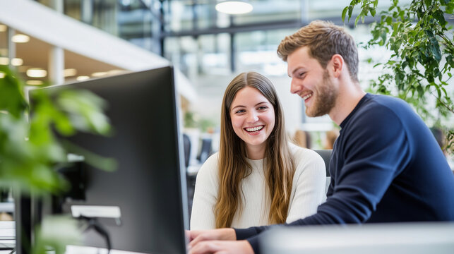 Young businesswoman and businessman collaborating at a computer in a modern open-plan office, smiling and discussing a digital project team collaboration, business partners, workin