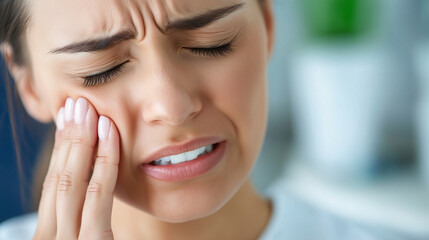 Young woman experiencing intense tooth pain, holding her cheek with a pained expression. Close-up shot capturing discomfort and dental issues. dental pain, toothache, woman, face,