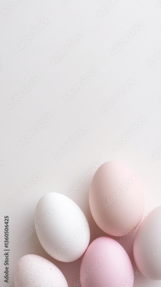 Poster colorful collection of eggs arranged on a light surface creating an artistic display in springtime