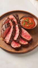 Sliced Steak for Red Sauce, Wooden Plate.