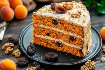 A generous slice of moist carrot cake sits on a black plate, topped with creamy frosting and adorned with walnuts and dried fruits, in a warm atmosphere