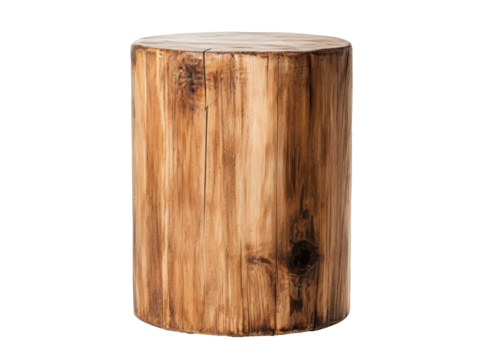 Wooden stool crafted from natural log for rustic decor on a transparent background, cut out