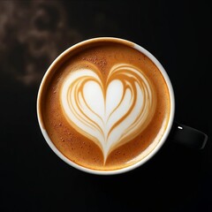 Top view of coffee cup with heart-shaped foam art on dark background, romantic cozy morning drink concept with copy space