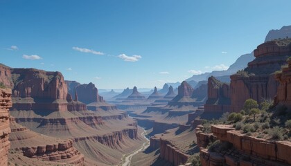 Naklejka premium Vast Canyon Landscape with Rocky Cliffs and Clear Blue Skies