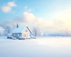 Snowy Cottage for Winter Sunrise Landscape.