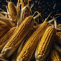 Golden Corn Abundance: A vibrant close-up captures a pile of fresh corn on the cob, their kernels gleaming with a rich, golden hue. Water droplets cling to the husks.