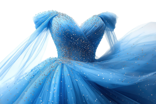 A Breathtaking Cinderella-inspired Ballgown, A Celestial Blue Tulle Masterpiece Sparkling With Enchanting Silver Embellishments, Showcasing Off-shoulder Sleeves And A Flowing Train Isolated on Transpa