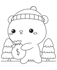 Coloring book bear cub with a money bag among stylized trees. Fun line art for coloring