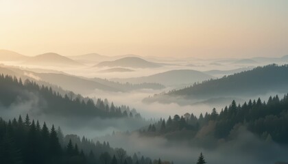 Fototapeta premium Serene Misty Landscape of Rolling Hills and Evergreen Forests