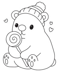 Coloring book  bear cub with a lollipop and hearts. Fun line art for coloring, featuring a sweet treat scene 