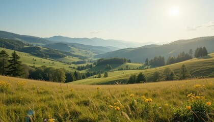 Fototapeta premium Serene Landscape of Rolling Green Hills Under Bright Blue Sky