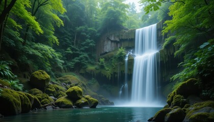 Fototapeta premium Serene Waterfall Surrounded by Lush Green Forest and Rocks