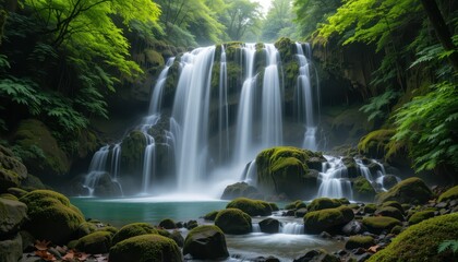 Majestic Waterfall Surrounded by Lush Greenery and Serenity