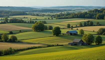 Naklejka premium Serene Landscape with Lush Fields and Charming Barns in Nature