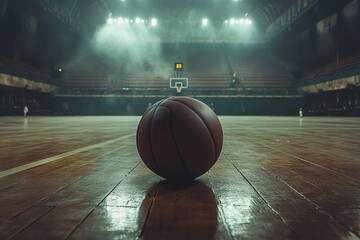 A single basketball sits on a polished hardwood court in a dimly lit arena. The atmosphere is quiet and contemplative, awaiting the game.