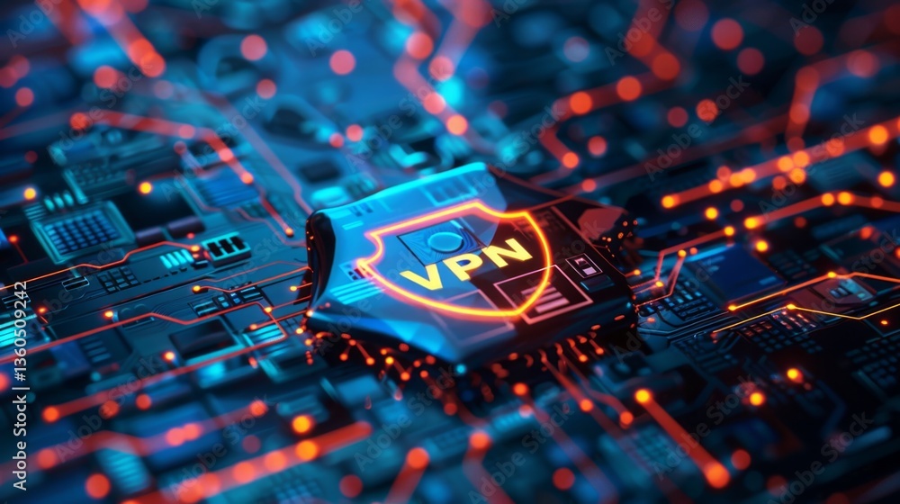 Poster shield protecting online privacy with vpn technology on a digital circuit background