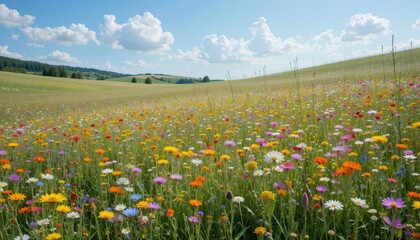 Fototapeta premium Vibrant Wildflower Meadow Under Bright Blue Sky in Spring Landscape