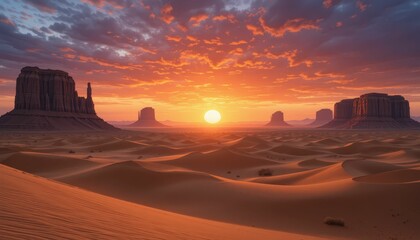 Naklejka premium Majestic Desert Landscape at Sunrise with Dramatic Cloud Formation