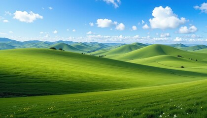 Fototapeta premium Lush Green Rolling Hills Under Bright Blue Sky with Puffy Clouds