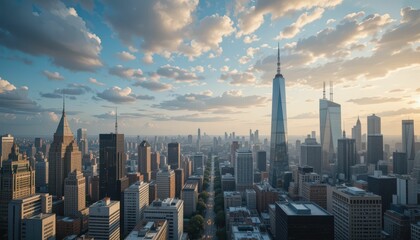 Fototapeta premium Stunning Aerial View of City Skyline at Sunset with Dramatic Clouds
