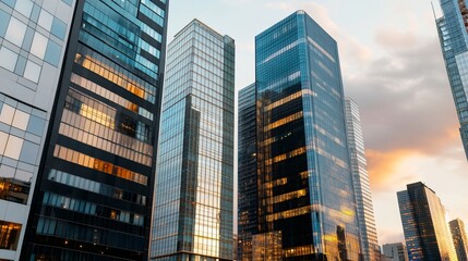 Obraz premium Modern City Skyscrapers Sunset Skyline Architecture