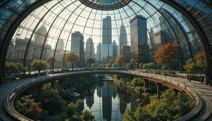 Fototapeta premium Modern Urban Skyline Beneath Glass Dome in City Park Setting