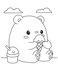 Coloring book bear cub enjoys an ice cream cone with a smiling drink. Fun line art for coloring, featuring a sweet treat scene