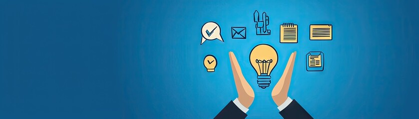 Hands holding idea light, various business icons background