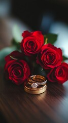 Wedding rings with red roses, and wood.