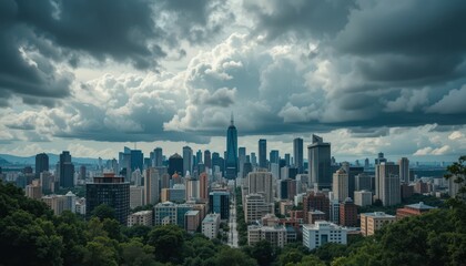 Obraz premium Urban Skyline with Dramatic Clouds Over a Modern Cityscape