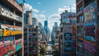 Fototapeta premium Colorful Urban Graffiti Art on City Buildings Against Skyline