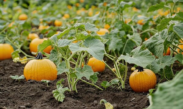 Autumn pumpkins growing in a field