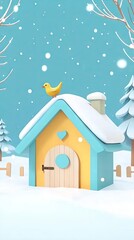 Fototapeta premium Snowy winter cottage, bird on roof, snowfall background; holiday card