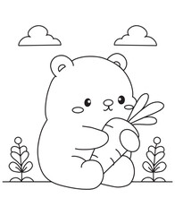 Coloring book bear cub enjoys a carrot among stylized plants and clouds. Fun line art for coloring, featuring a nature scene