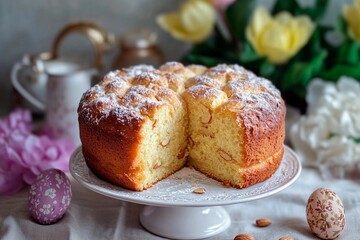 A beautifully baked yellow cake with almond pieces sits on a white plate, cut open to reveal its soft texture