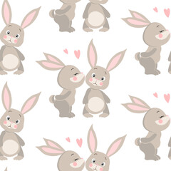 Seamless pattern, cute lover bunnies kiss on background with hearts. Children's print, textile