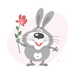 Cute bunny with a flower. Greeting card, illustration