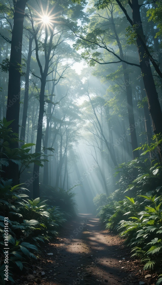 Poster sunlight filtering through dense forest with mist and greenery