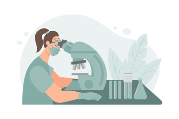 Woman microbiologist, microscope, test tubes and chemical flask. Laboratory concept. Flat illustration