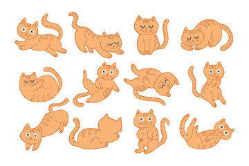 Obraz premium Set of cute hand drawn ginger cats on white background. Print, illustration