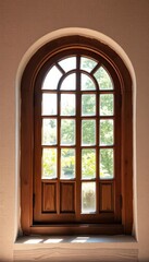 Rustic arched wooden window frame, natural light, texture, detail, exterior